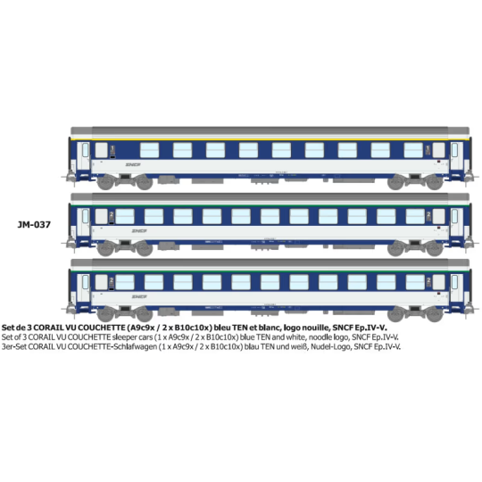 JM-037-Set de 3 voitures CORAIL VU couchettes A9c9x + 2x B10c10x bleu TEN blanc SNCF - HO - REE JM033