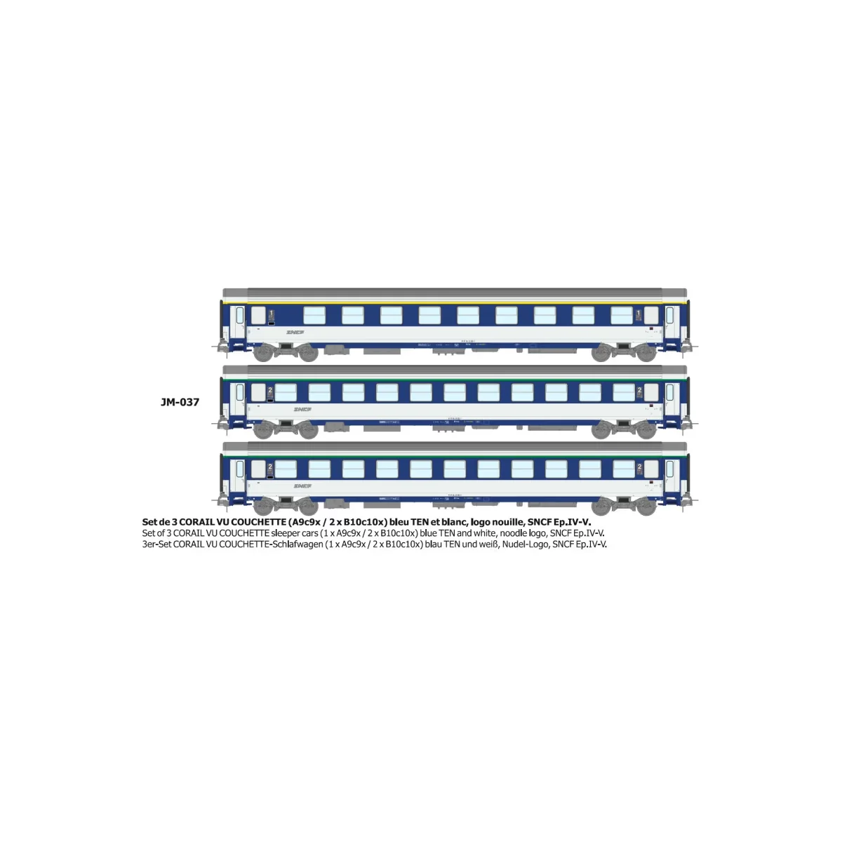 Set de 3 voitures CORAIL VU couchettes A9c9x + 2x B10c10x, logo nou...