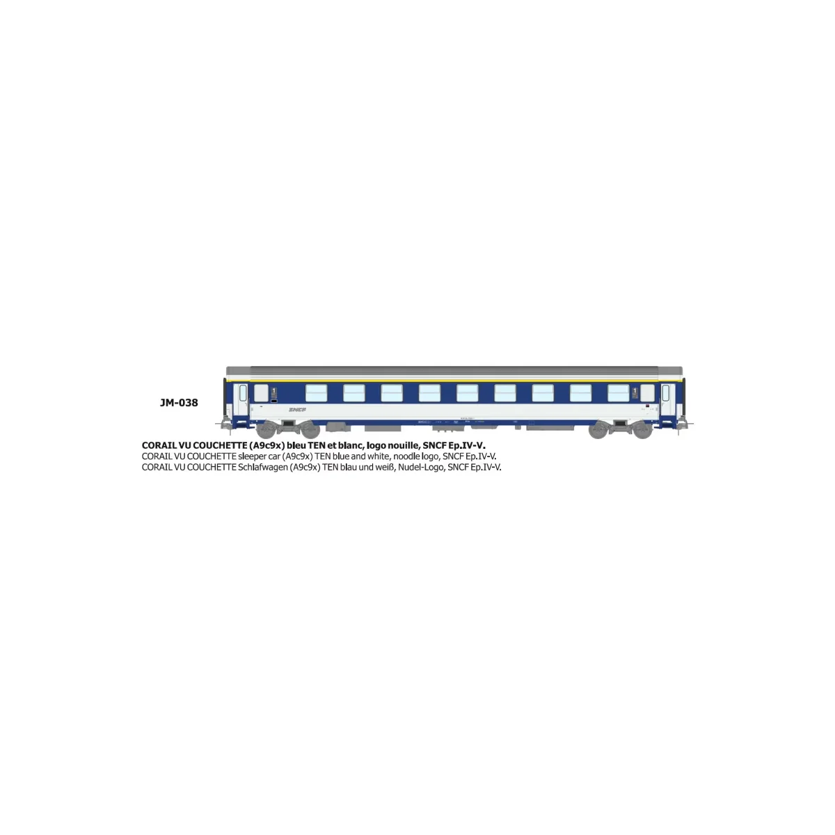 Voiture VU couchettes CORAIL A9c9x, logo nouille - HO - REE JM038 Voiture VU couchettes CORAIL A9c9x, logo nouille - HO - REE JM038