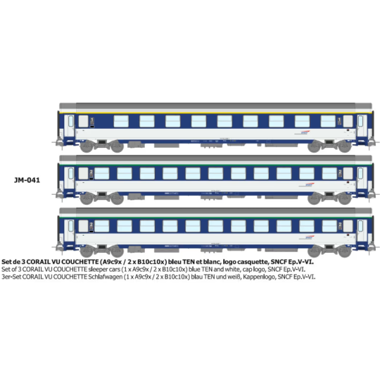 JM-041-Set of 3 CORAIL VU sleeper cars A9c9x + 2x B10c10x, noodle logo - REE JM037 - HO