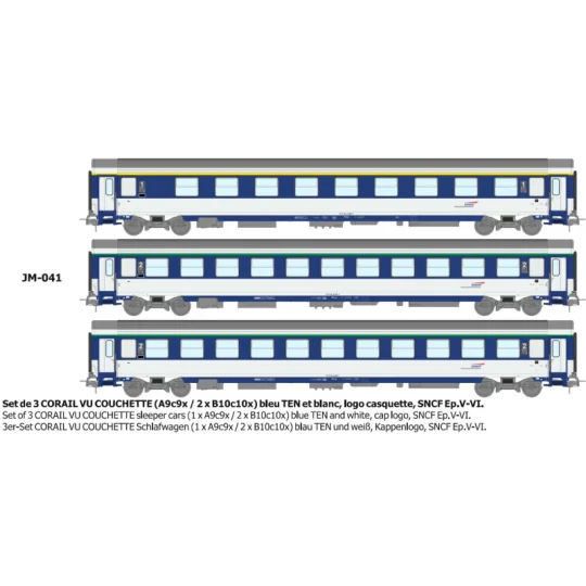 Set of 3 CORAIL VU sleeper cars A9c9x + 2x B10c10x, cap logo - REE ... JM-041-Set of 3 CORAIL VU sleeper cars A9c9x + 2x B10c10x, cap logo - REE JM041 - HO