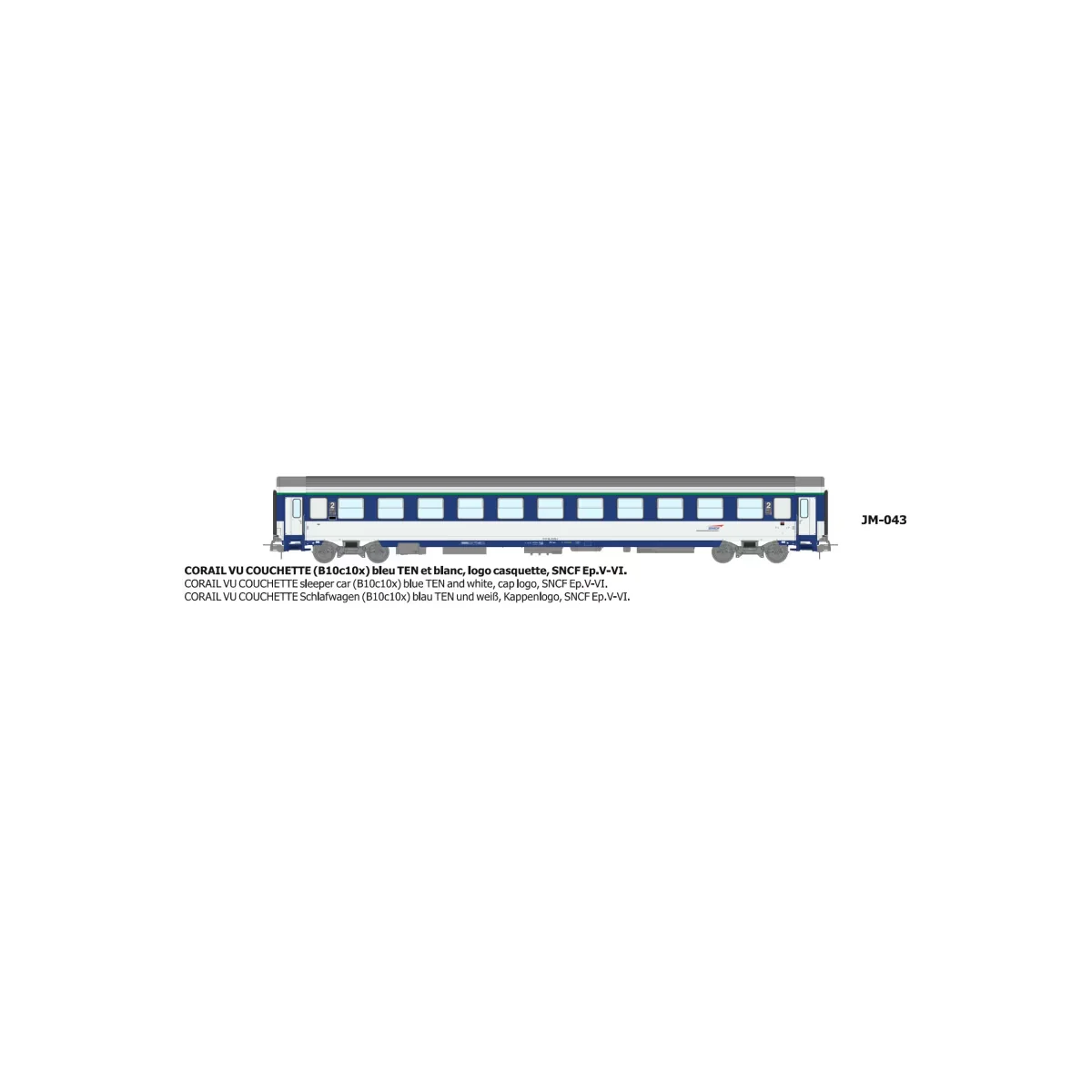 Voiture VU couchettes CORAIL B10c10x, logo casquette - HO - REE JM043