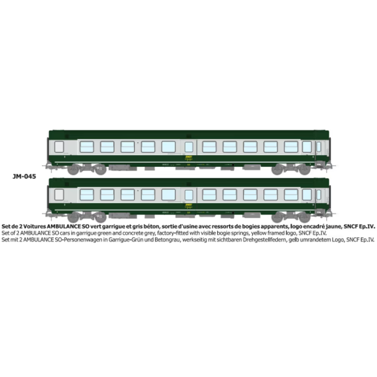 Set of 2 green/grey ambulance cars with yellow framed logo - REE JM... JM-045-CORAIL B10c10x sleeper van, cap logo - HO - REE JM044 - JM-045