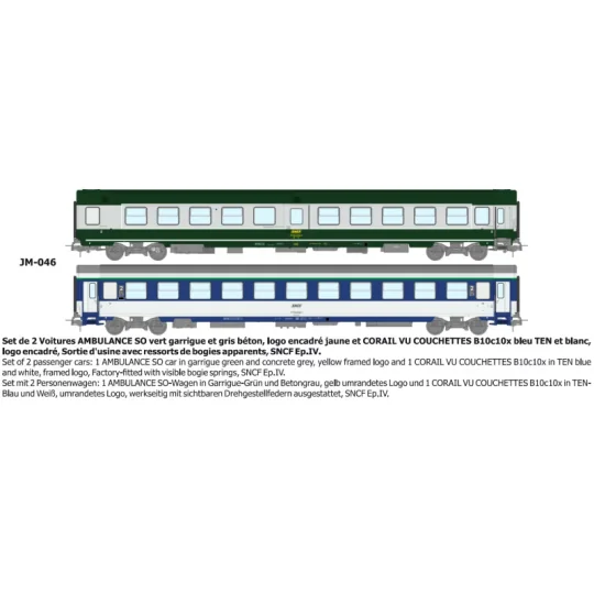Set de 2 voitures AMBULANCE vert/gris et VU Couchette B10c10, logo ... JM-046-Set de 2 voitures AMBULANCE vert/gris et VU Couchette B10c10, logo encadré jaune - REE JM046 - HO 1/87