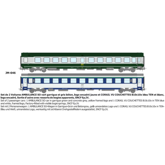 Set of 2 green/grey AMBULANCE and B10c10 Sleeper Van vehicles, yell... JM-046-Set of 2 green/grey ambulance cars with yellow framed logo - REE JM045 - HO 1/87 - JM-046