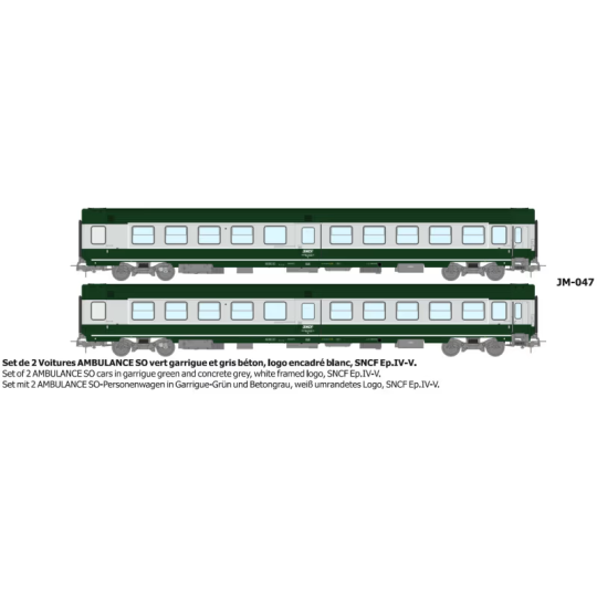 Set of 2 green/grey ambulance cars with white framed logo - REE JM0... JM-047-Set of 2 ambulance cars, green/grey and B10c10 sleeper van, yellow framed logo - REE JM046 - HO 1/87 - JM-047