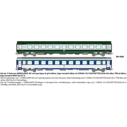 JM-048-Set de 2 voitures AMBULANCE vert/gris et VU Couchette B10c10, logo encadré jaune - REE JM046 - HO 1/87