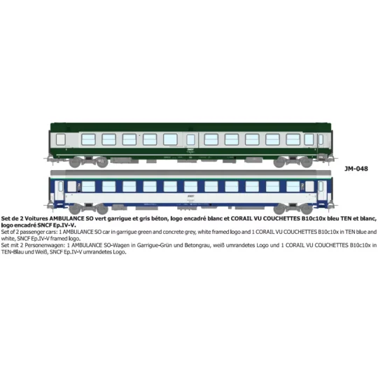 Set de 2 voitures AMBULANCE vert/gris et VU Couchette B10c10, logo ... JM-048-Set de 2 voitures AMBULANCE vert/gris et VU Couchette B10c10, logo encadré blanc - REE JM048 - HO 1/87