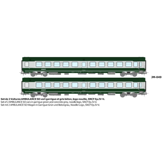 Set of 2 green/grey ambulance cars, "noodle" logo - REE JM049 - HO ... JM-049-Set of 2 green/grey ambulance and B10c10 sleeper van vehicles, white framed logo - REE JM048 - HO 1/87 - JM-049