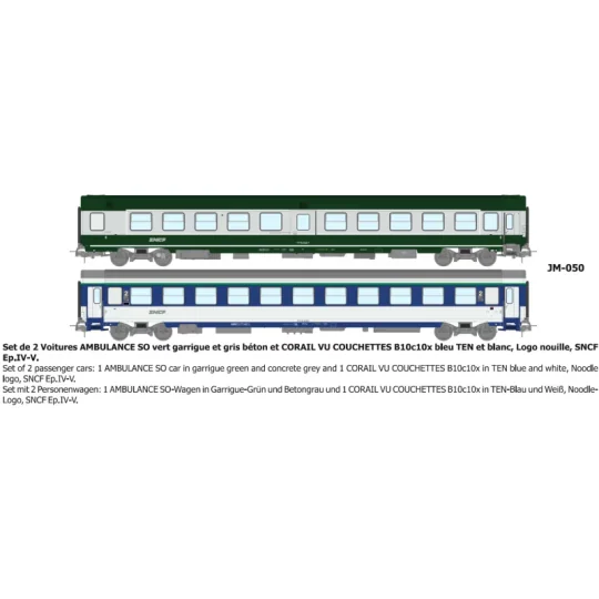 Set of 2 green/grey ambulance and B10c10 sleeper van vehicles, with... JM-050-Set of 2 green/grey ambulance and B10c10 sleeper van vehicles, with "noodle" logo - REE JM050 - HO 1/87