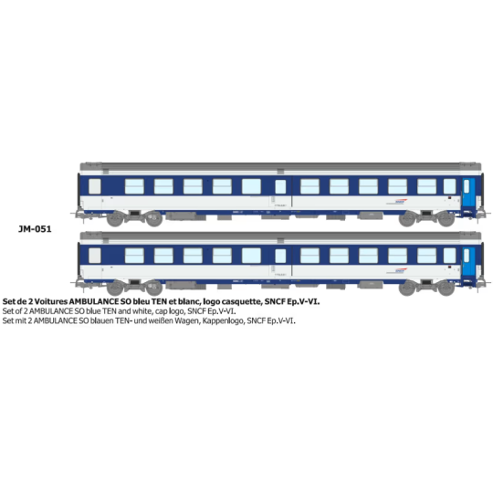 Set of 2 blue AMBULANCE cars, cap logo - REE JM051 - HO 1/87 JM-051-Set of 2 green/grey ambulance cars, "noodle" logo - REE JM049 - HO 1/87 - JM-051