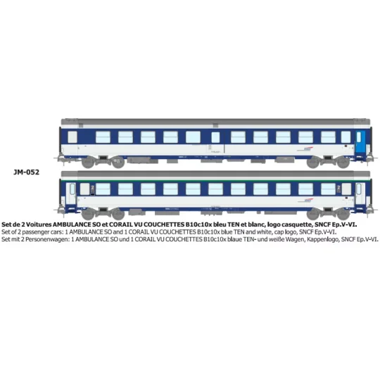 Set de 2 voitures AMBULANCE bleu et VU Couchette B10c10, logo casqu... JM-052-Set de 2 voitures AMBULANCE bleu et VU Couchette B10c10, logo casquette - REE JM052 - HO 1/87