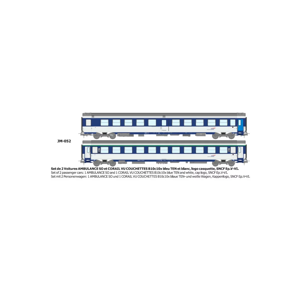 Set de 2 voitures AMBULANCE bleu et VU Couchette B10c10, logo casqu... Set de 2 voitures AMBULANCE bleu et VU Couchette B10c10, logo casqu...