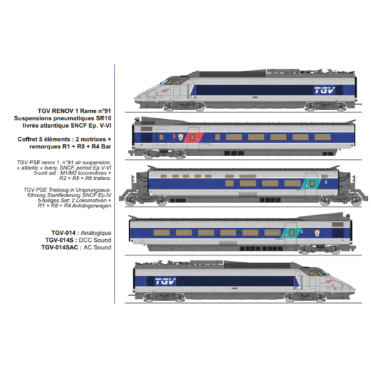 TGV RENOV 1 rame n°91 SR10, 5 éléments, Atlantique SNCF, DCC Sonore... TGV-014.S-Coffret TGV PSE « La Poste », 5 éléments, digital sonore - REE TGV011S, HO 1/87 - TGV-014.S