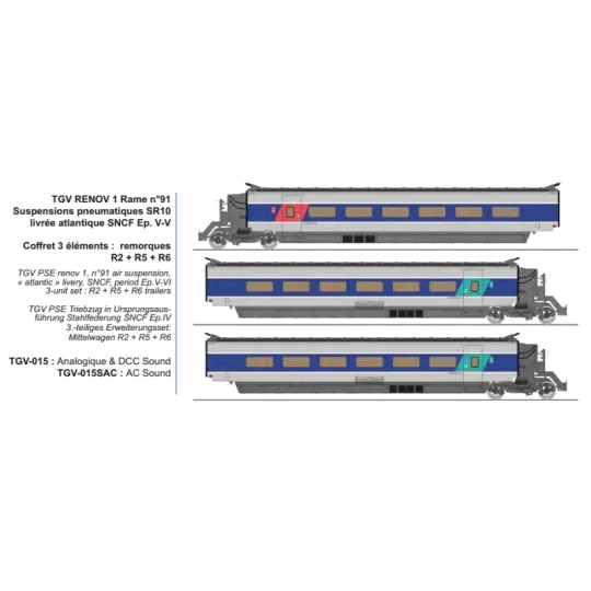 Set de 3 éléments complémentaires TGV RENOV 1 n°91, Atlantique SNCF... TGV-015-Set de 3 éléments complémentaires TGV RENOV 1 n°91, Atlantique SNCF - REE Modèles TGV015 - HO 1/87