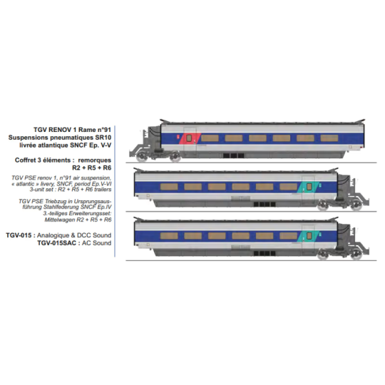 Set of 3 complementary elements TGV RENOV 1 trainset no. 91, Atlant... TGV-015-TGV PSE "La Poste" SNCF 3-car set - REE TGV012, HO 1/87 - TGV-015