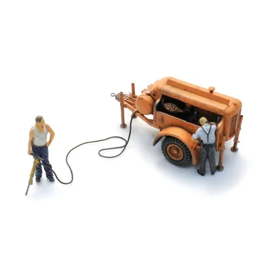 ARTI_387.611-Compresseur sur remorque avec marteau-piqueur + 2 figurines Artitec 387.611 - H0 1/87