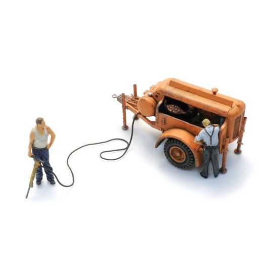 Compressor on trailer with jackhammer + 2 Artitec figures 387.611 -... ARTI_387.611-Compressor on trailer with jackhammer + 2 Artitec figures 387.611 - H0 1/87 - ARTI_387.611