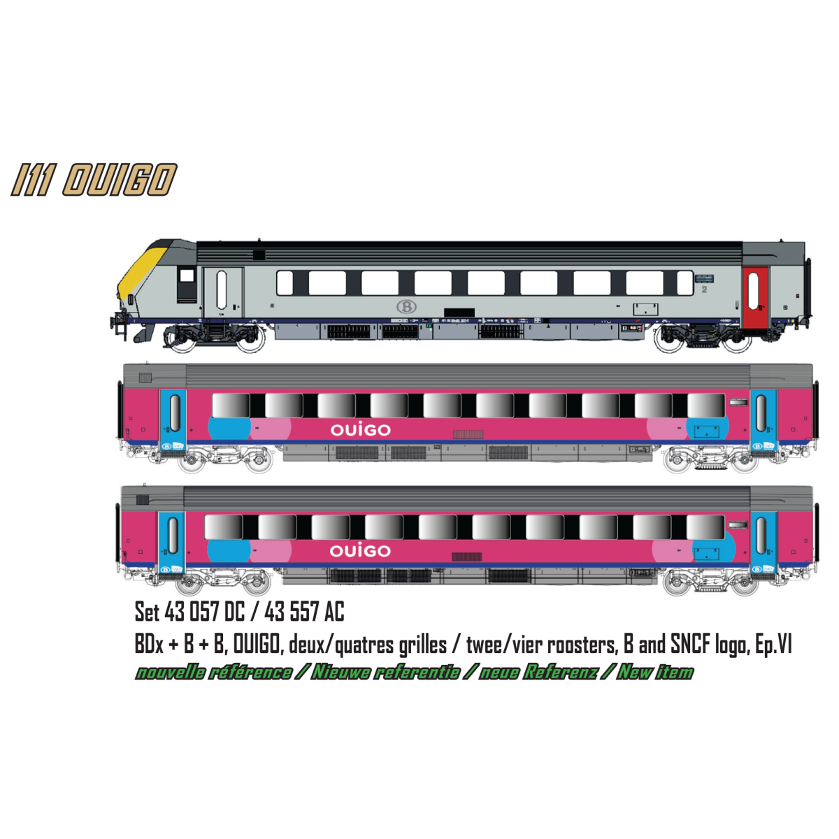 Set of 3 reversible I11 OUIGO passenger cars, SNCB / SNCF, LS Model...