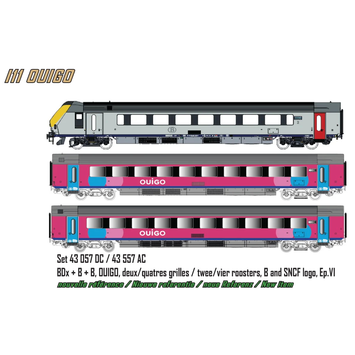 Set of 3 reversible I11 OUIGO passenger cars, SNCB / SNCF, LS Model...