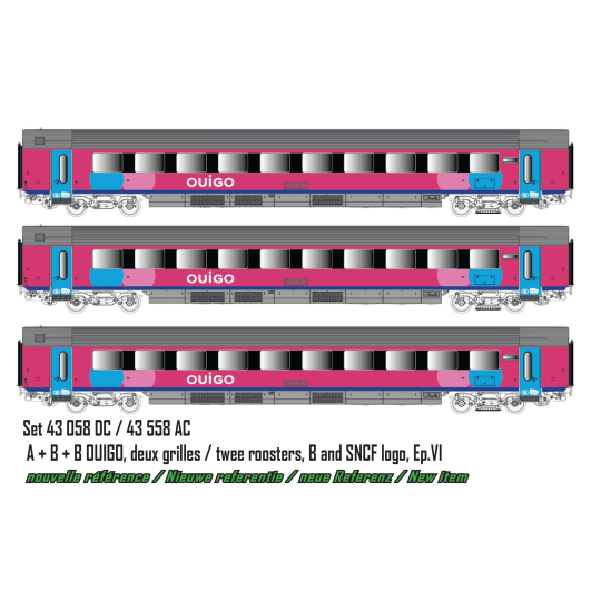Set of 3 OUIGO I11 passenger cars, SNCB/SNCF, LS Models 43058 HO LSM_43058-*Set of 3 OUIGO I11 passenger cars, SNCB/SNCF, LS Models 43058DC HO - LSM_43058DC