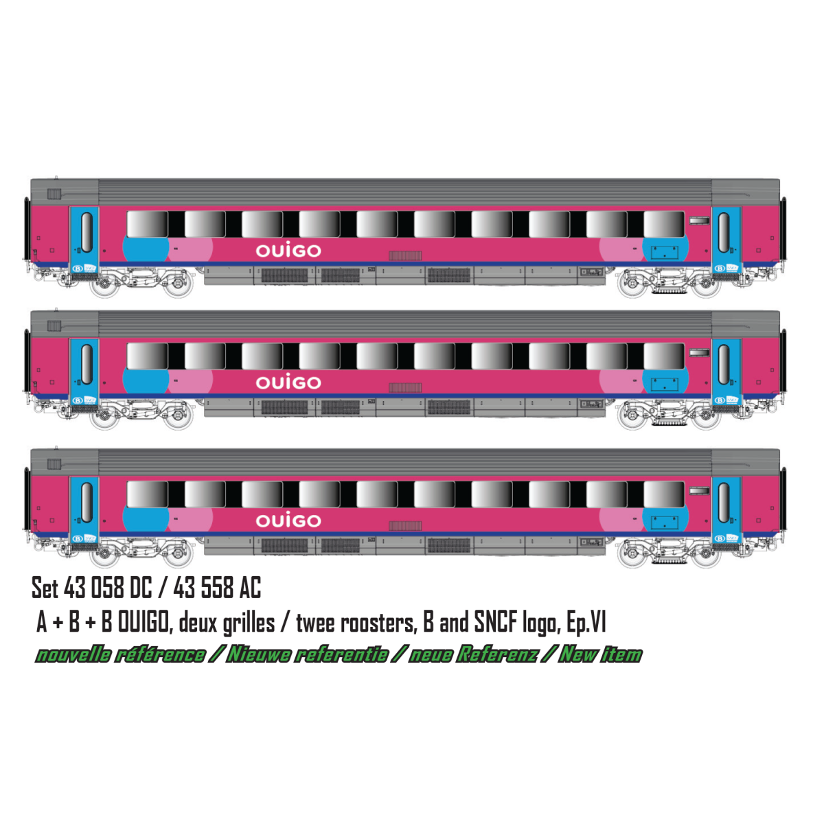 Set of 3 OUIGO I11 passenger cars, SNCB/SNCF, LS Models 43058 HO Set of 3 OUIGO I11 passenger cars, SNCB/SNCF, LS Models 43058 HO