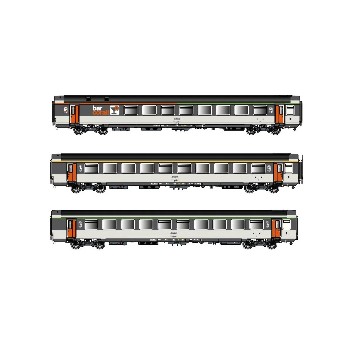 Set de 3 voitures VTU Corail avec voiture-bar B5rtux / A10tu / B11t... Set de 3 voitures VTU Corail avec voiture-bar B5rtux / A10tu / B11t...