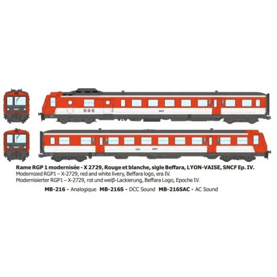 Modernized RGP 1 railcar X2729, Red, original logo, Lyon-Vaise, SNC... MB-216-Modernized RGP 1 railcar X2729, Red, original logo, Lyon-Vaise, SNCF - REE MB216 - HO 1/87