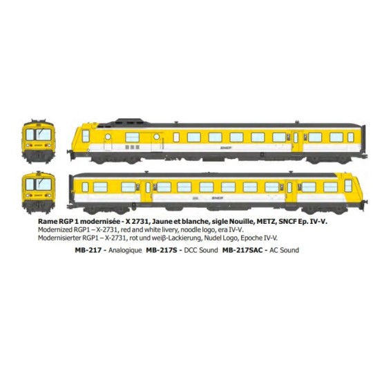 Modernised RGP 1 railcar X2731, Yellow, "noodle" logo, Metz, SNCF, ... MB-217.S-Modernized RGP 1 railcar X2729, Red, original logo, Lyon-Vaise, SNCF, Digital sound - REE MB216S - HO 1/87