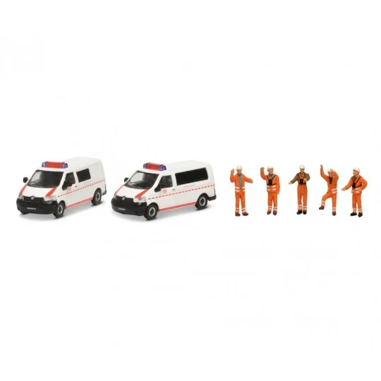Schuco_452655500-Schuco 452655500 Set de 2 véhicules Volkswagen DB Notfall et 5 personnages