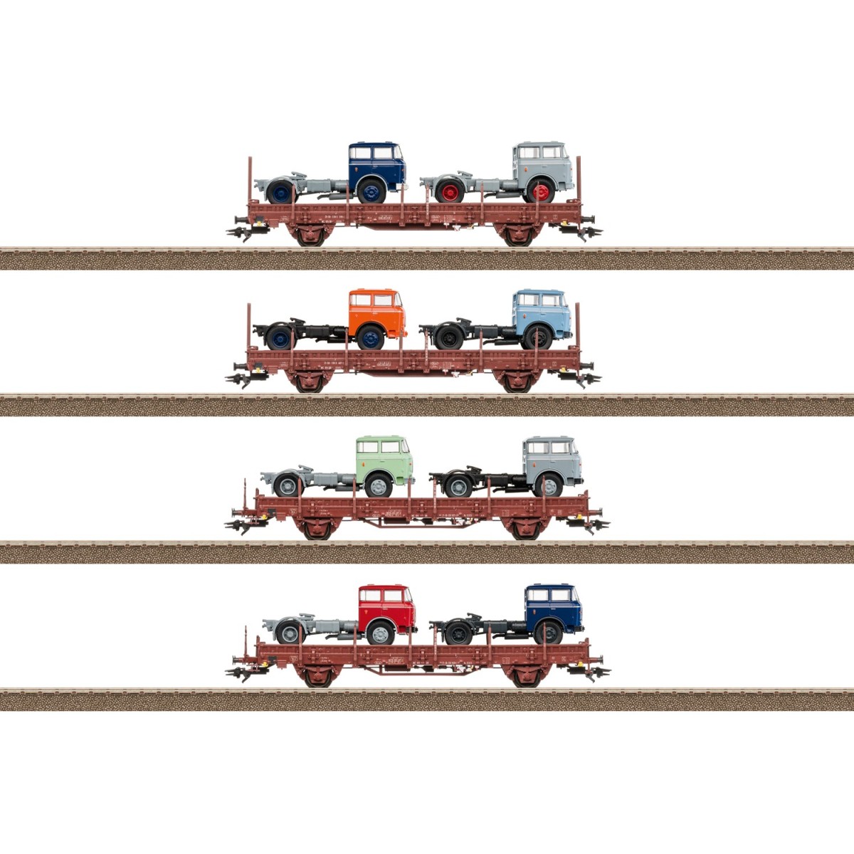 Set of Ks 3300 and Ks 3301 type car carrier wagons, DR - Tri... Set of Ks 3300 and Ks 3301 type car carrier wagons, DR - Tri...