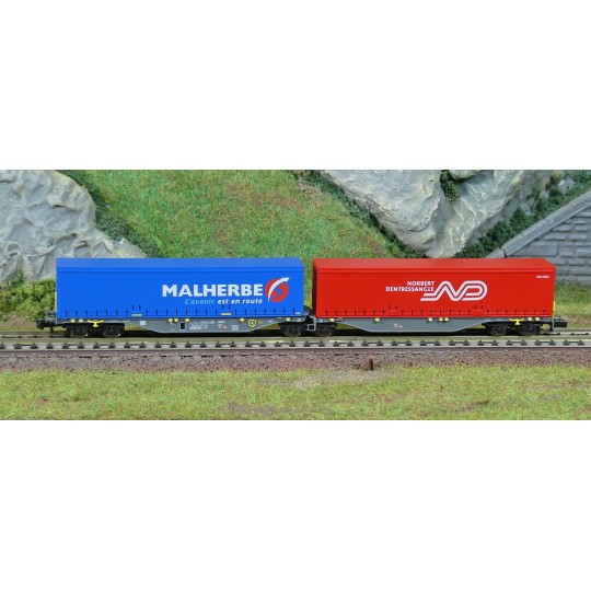 Sggmrss 90 TOUAX container wagon, 2 MALHERBE + NORBE crates... NW-208-REE Modeles NW205 Container wagon Sggmrss 90 NOVA, SNCF, 2 TAB crates - CO2, N - 1/160