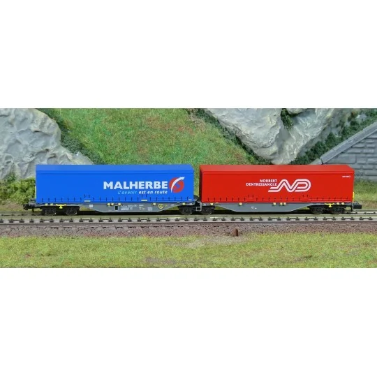 NW-208-Container wagon Sggmrss 90 TOUAX, 2 crates MALHERBE + NORBERT DANTRESSANGLE, REE Models NW-208 - N 1/160