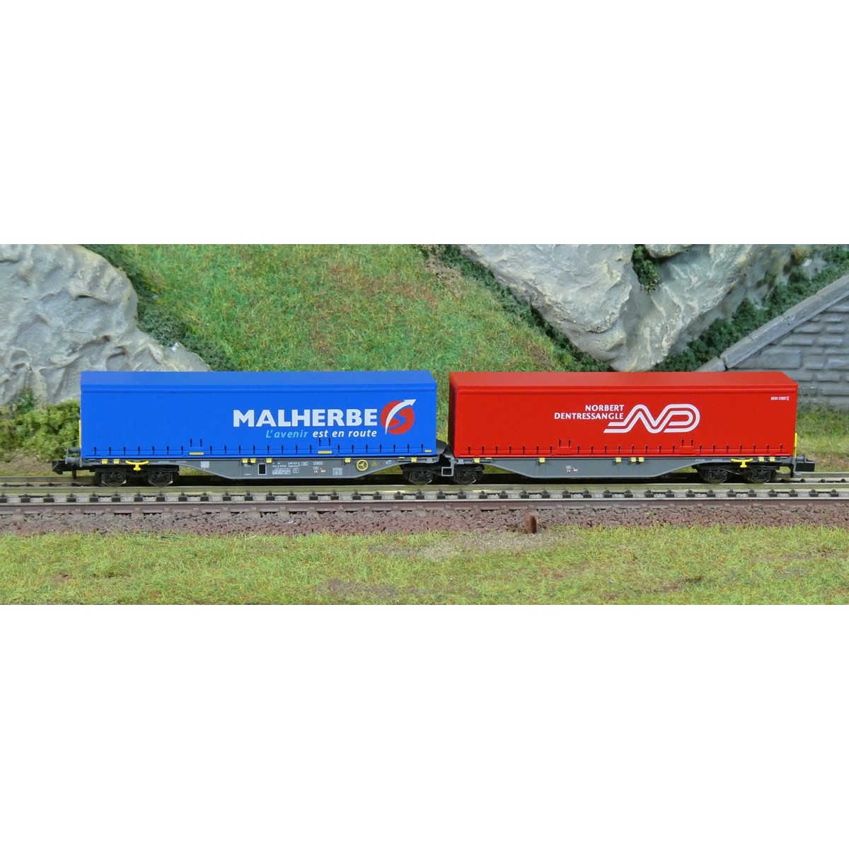 Wagon porte-conteneurs Sggmrss 90 TOUAX, 2 caisses MALHERBE + NORBE...