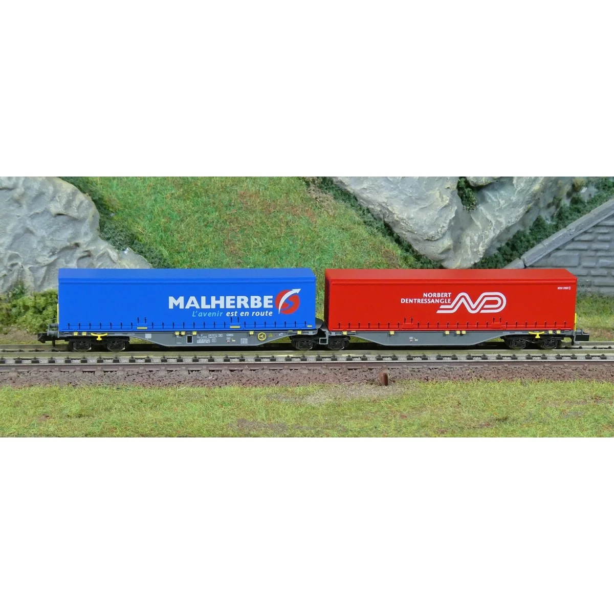 Wagon porte-conteneurs Sggmrss 90 TOUAX, 2 caisses MALHERBE + NORBE...