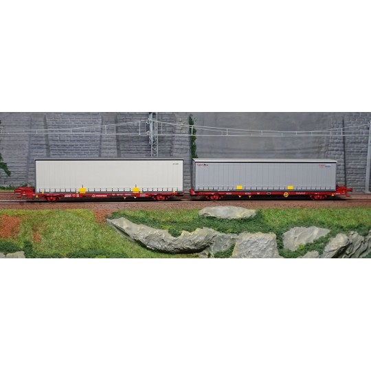 SUD_SUTF61717-SudExpress SUTF61717 Double wagon porte conteneur Laagrss, Transfesa, bruns chargé 2 conteneurs