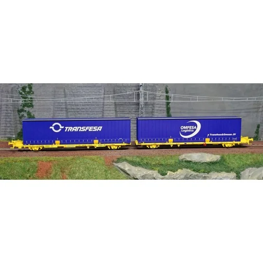 SudExpress Sud SUTF27017 Double container wagon Laagrss, Transfesa ... SUD_SUTF27017-SudExpress Sud SUTF27017 Double container wagon Laagrss, Transfesa and OMFESA, yellow, loaded with 2 blue containers