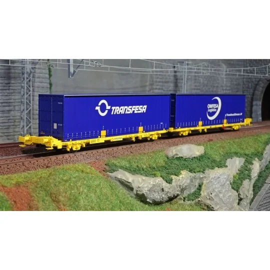 SUD_SUTF27017-SudExpress Sud SUTF27017 Double wagon porte conteneur Laagrss, Transfesa et OMFESA, jaune chargé 2 conteneurs bleus