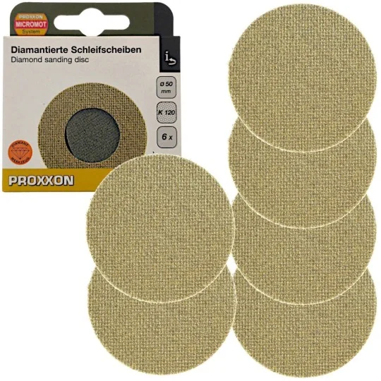 Disque de ponçage abrasif diamanté Ø 50mm, Grain 120 (x6) Proxxon 2... PRX-28675-Disque de ponçage abrasif diamanté Ø 50mm, Grain 120 (x6) Proxxon 28675