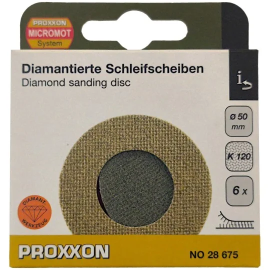 Disque de ponçage abrasif diamanté Ø 50mm, Grain 120 (x6) Proxxon 2... PRX-28675-Disque de ponçage abrasif diamanté Ø 50mm, Grain 120 (x6) Proxxon 28675