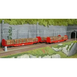 Set of 3 OnRail GmbH slatted wagons, loaded with logs, period VI -...