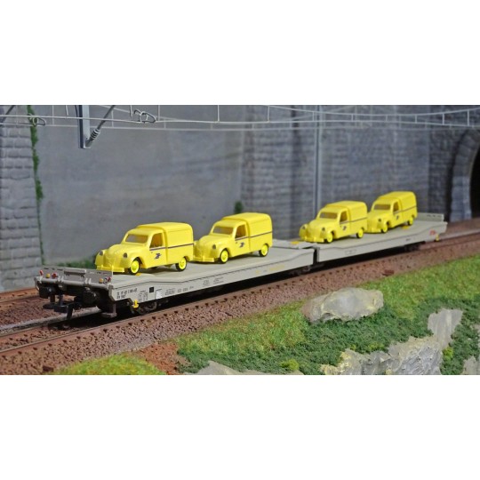 HJ6205-Jouef HJ6205 Wagon plat 3 essieux Ladks, livrés gris STVA, chargé 4 Citroën 2CV "La Poste" jaune
