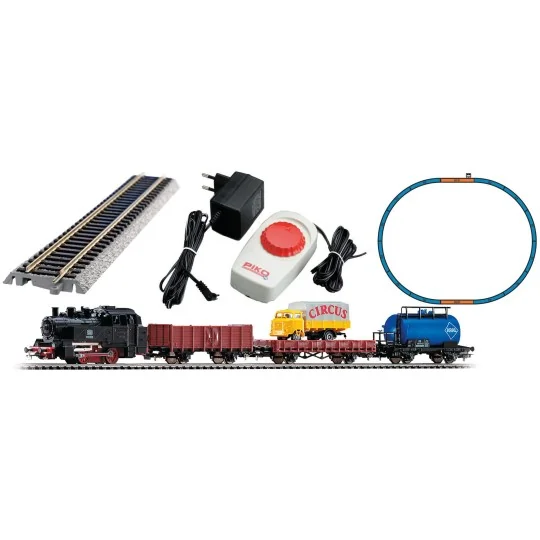 Piko_57113-Piko 57113 Analog Starter Set with 98-003 DB Steam Locomotive and 3 Circus Freight Wagons