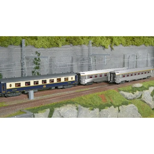 Set of 3 short SNCF Sud Express CIWL and DEV stainless steel coaches from the era... HJ4214-3-car set Sud Express CIWL and short DEV Inox SNCF era III-IV - Jouef HJ4213 HO 1/87