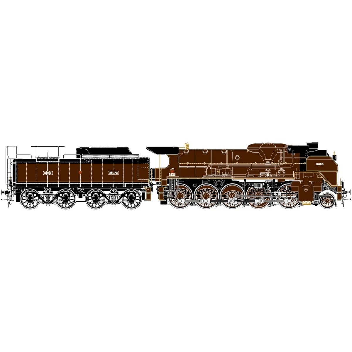 Locomotive à vapeur Nord 5.1211 + 35.172, livrée chocolat - R37 HO4...