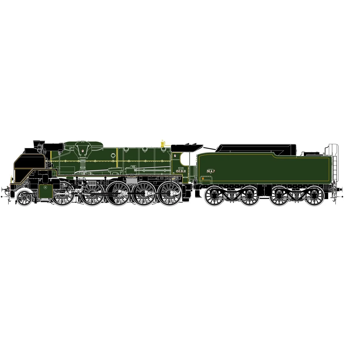 Locomotive à vapeur 2.150 B 11 + 36 A 7 Béthune, SNCF, livrée verte...