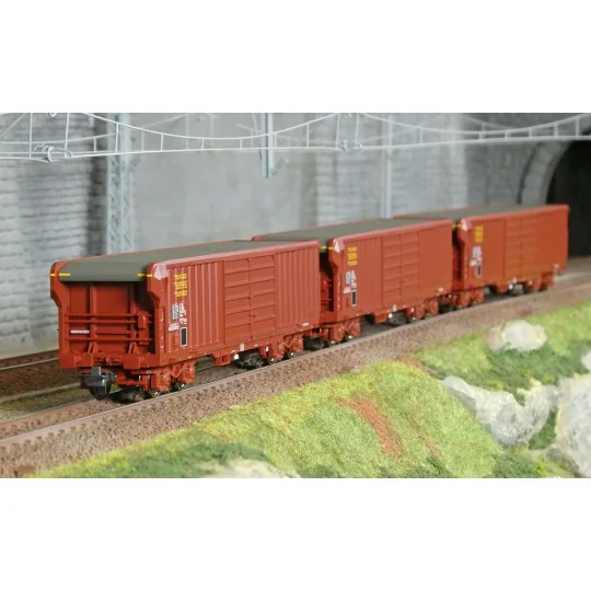 Coffret de 3 wagons Taems à toit roulant SNCF époque IV - Roco 6600285 - H0 Roco_6600285-Roco 6600203 Set de 3 wagons tombereaux à bogies, type Fas, SNCF
