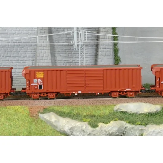 Coffret de 3 wagons Taems à toit roulant SNCF époque IV - Roco 6600285 - H0 Roco_6600285-Roco 6600203 Set de 3 wagons tombereaux à bogies, type Fas, SNCF