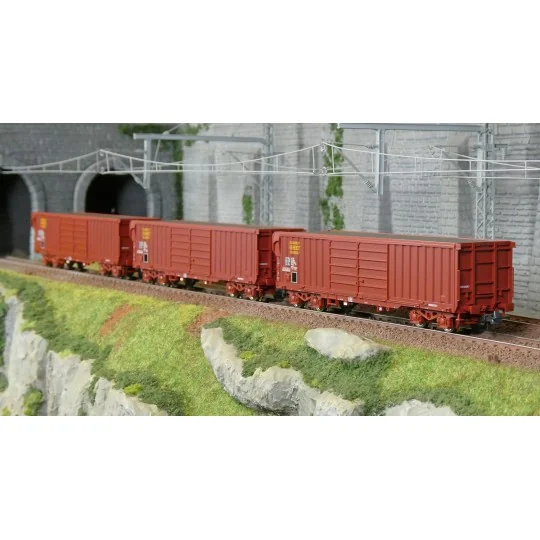 Coffret de 3 wagons Taems à toit roulant SNCF époque IV - Roco 6600285 - H0 Roco_6600285-Roco 6600203 Set de 3 wagons tombereaux à bogies, type Fas, SNCF
