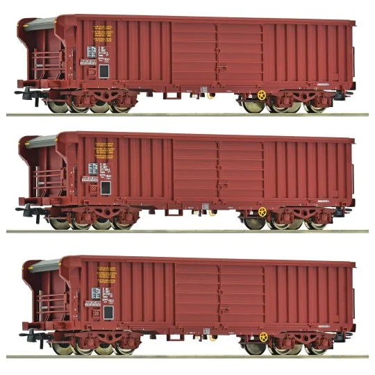 Coffret de 3 wagons Taems à toit roulant SNCF époque IV - Roco 6600285 - H0 Roco_6600285-Roco 6600203 Set de 3 wagons tombereaux à bogies, type Fas, SNCF